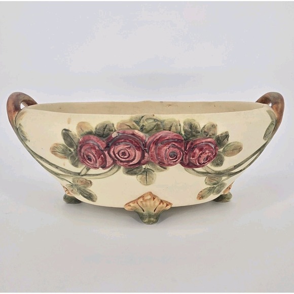 Weller Other - Antique Weller Roma Rose Pottery Oval Console Bowl Planter Applied Roses 11in OH